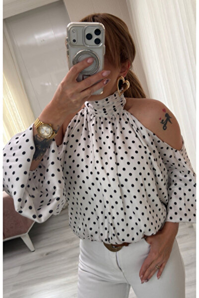 Perry Boutique Puantiye Desenli Omuz Dekolteli Saten Bluz