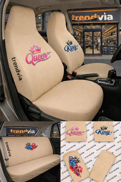 trivexa King and Queen Logo Car Seat Cover Front and Back Set – Combed Cotton...
