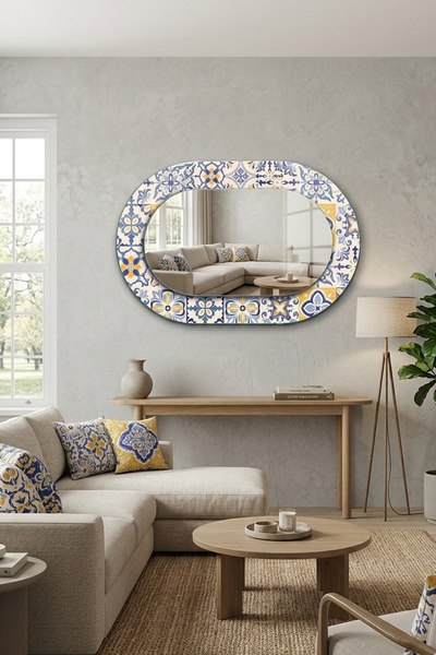 Decorita Dekor Camı ve Ayna | Mavi Çini Desen Dekoratif Ayna | 110cm x 70cm