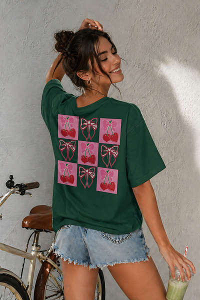 ArtYus Cherry and Bow Back Print Unisex Oversize T-Shirt – Cotton Crew Neck C...