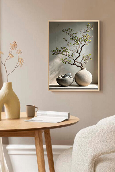 Muyika Design Duvar Tablosu Dekoratif Ahşap Çerçeveli Wabi-Sabi Stil Doğal Ta...