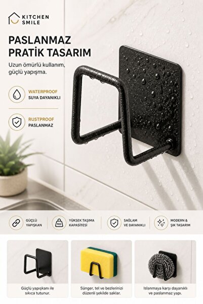 Kitchen Smile Siyah Yapışkanlı Bulaşık Süngeri Tutucu Evye Düzenleyici Süngerlik 1 Adet
