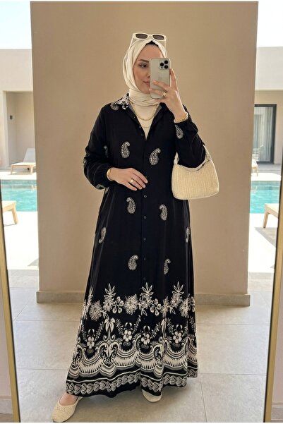 PALME D'OR Women's Ethnic Patterned Buttoned Long Hijab Dress Comfortable Fit