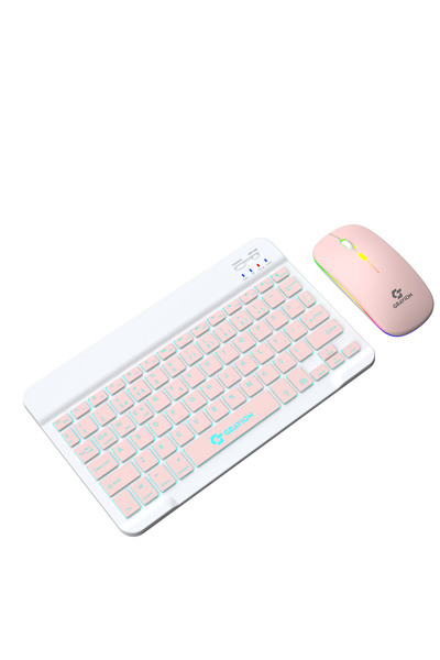 Gravion KM-BT35 Işıklı Bluetooth Klavye Mouse Set Pembe LED Aydınlatmalı, Şarjlı Kablosuz Türkçe Q, Mini Sessiz Klavye Mouse Seti