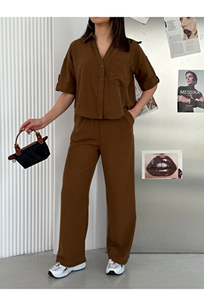DAME Women's Single Pocket Detailed Short Sleeve Shirt-Pants Linen Set