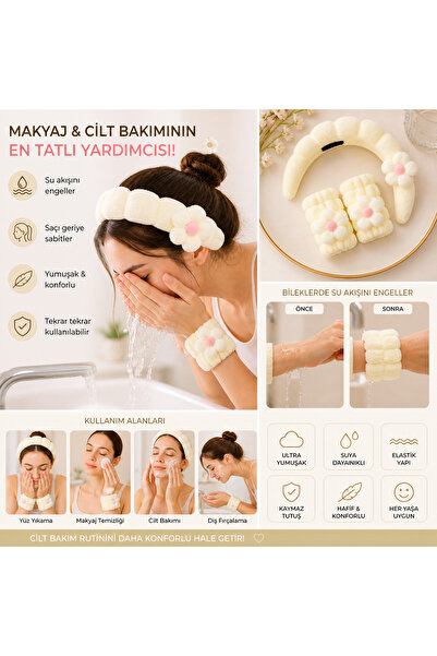 melek Clean Girl Krem Saç Bandı & Bileklik Seti – Yüz Yıkama Bandı + Su Tutuc...