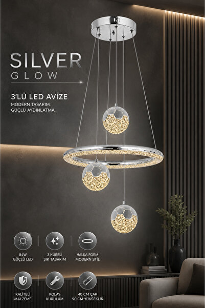 Elvora Home Modern LED (PREMİUM ) Avize Silver+Gold 3 Küreli Sarkıt Halka Tas...