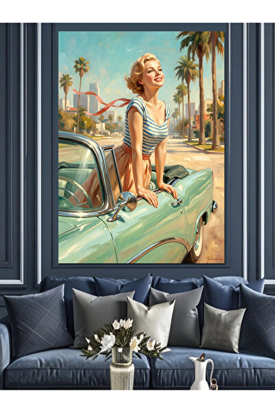 Artmeg Pânză decorativă cu mașină deschisă la capăt și femeie pin-up - Tablou...