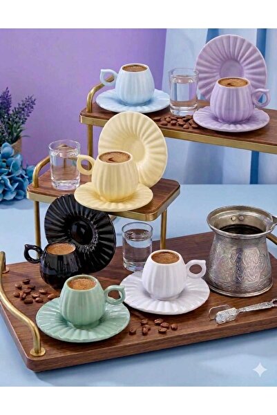 Golden Kitchen 12 Parça 6 Kişilik Kabak Model Çizgili Kahve Fincan Takımı