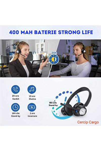New Bee Căști BH58 pentru Call Center, Autonomie a bateriei de 25 de ore, 400 mAh, Call Center, Reducere a zgomotului ambiental, Sunet stereo Hi-Fi, Multipunct, Universal, 3 moduri de conectare