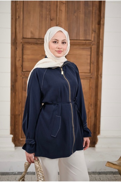 Butik Belden Bağlamalı Fermuarlı Tesettür Tunik Ceket