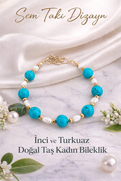 **İnci, Hematit ve Turkuaz Taşlı Bileklik – Kadınlar İçin El Yapımı Doğal Taş Bileklik