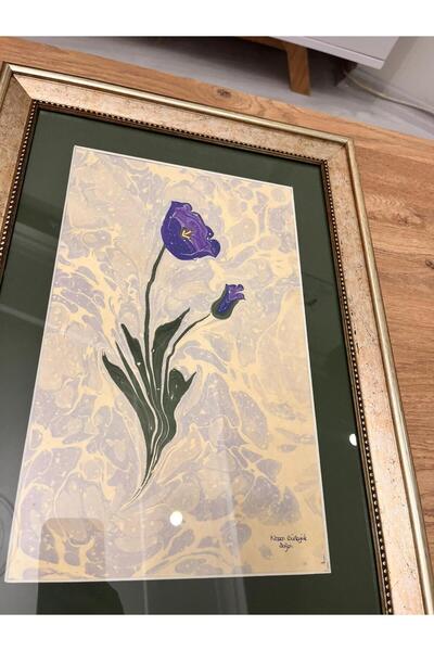 Müze sanat El Yapımı Geleneksel Ebru Tablosu - Mor Lale Motifi, Gümüş Varaklı...