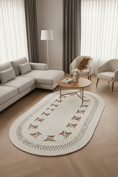 Comfort Craft Oval Jüt Halı - 10 Farklı Ebat Seçeneği - Madalyon Desenli Yıka...