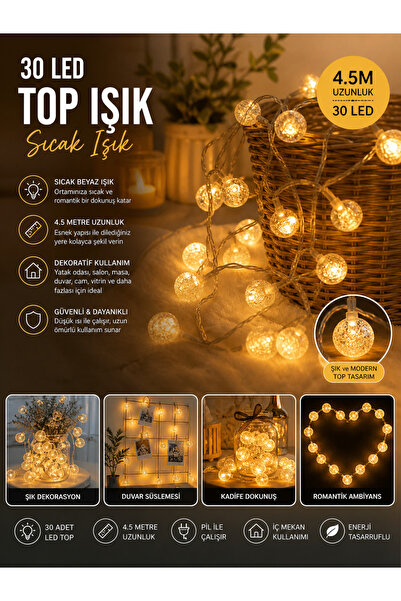 Generic Top LED Işık Zinciri – 30’lu Dekoratif Işık (4.5 Metre / Sıcak Işık)