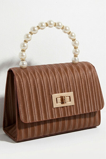 TOFİSA Women's Tan Pearl and Chain Bag - 28428-Taba