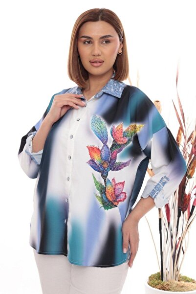 JERFİ Women's Plus Size Flower Deden Stone Printed Viscose Shirt