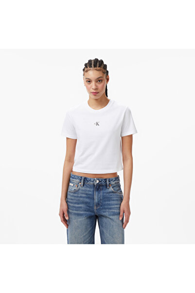 Calvin Klein Logo Cropped Kadın Beyaz T-Shirt