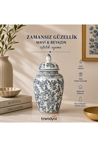betonıque stone Bleu Blanc Kapaklı Vazo (43,5cm)