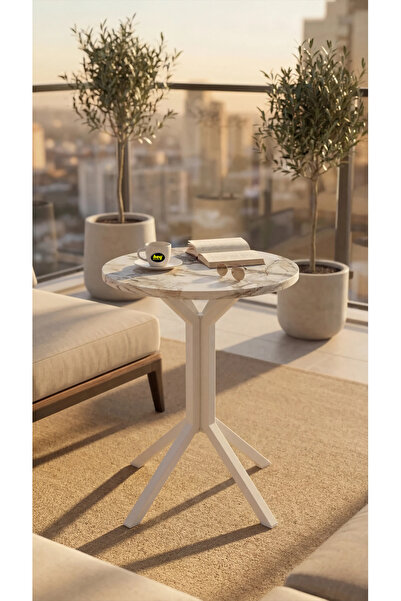 hey modüler mobilya Yıldız Yuvarlak Efes 50 cm Balkon Masası Yan Sehpa Mutfak Yemek Masası Beyaz Ayak