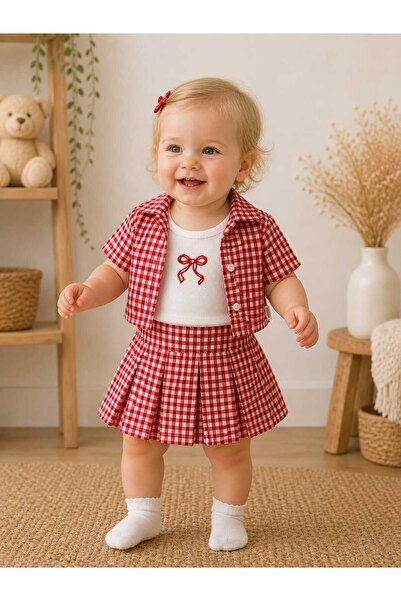 krm kerem bebe Eid Gingham Jacket, Shirt & Bow Detailed T-Shirt & Pleated Ski...