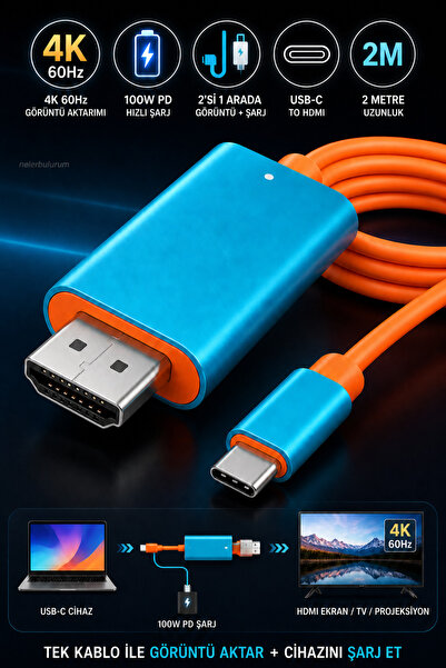 nelerbulurum Tüm Type-C Cihazlarla Uyumlu 2 Metre Type-C to HDMI 4K 60Hz Kabl...