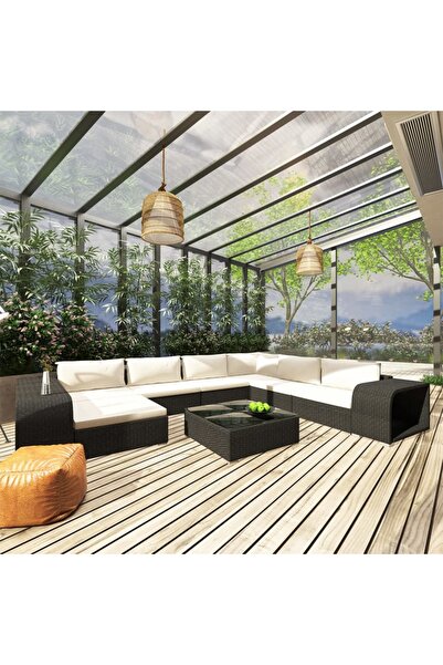vidaxl Set mobilier de gradina cu perne, 10 piese, negru, poliratan