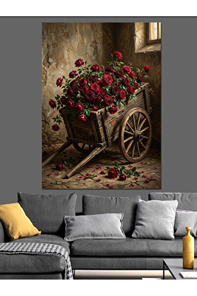 Artmeg Cărucior din lemn decorativ cu flori - Tablou din lemn MDF