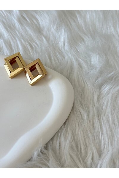 Sarmal Kare Formlu Gold Küpe