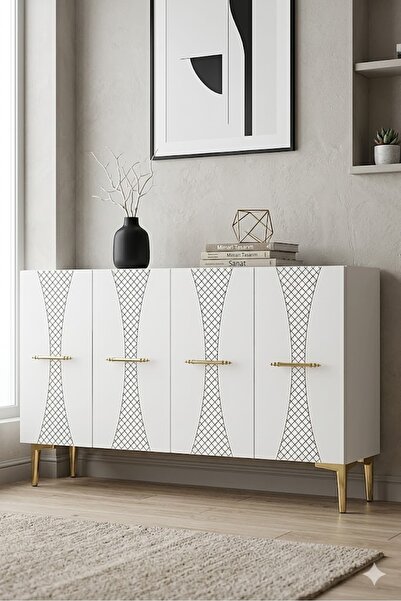 CENEYRA KA1232BG SLİM Konsol ve Tv Sehpası Beyaz -Gold 120cm
