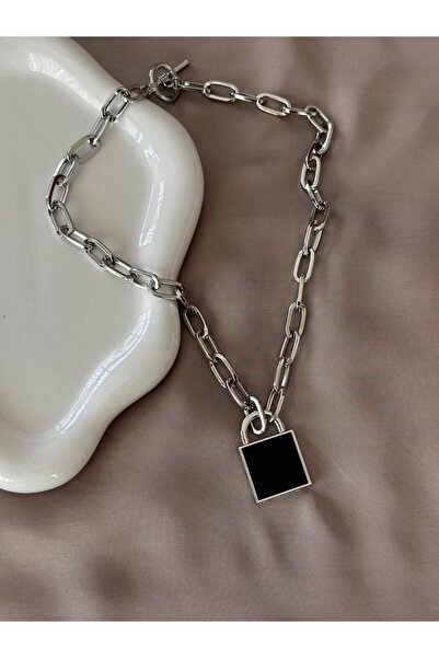 Twelve Silver Color Steel Women's Necklace with Black Lock Detail