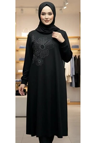 Ayliva Tekstil Ön Yüzü Çiçek Taş İşlemeli Uzun Kollu Tunik