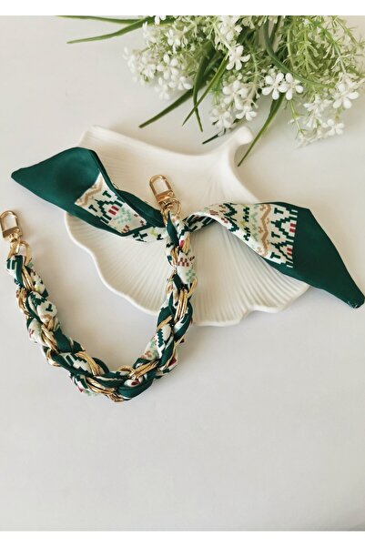 Halley Concept Green-Ecru Scarf Bag Accessory Charm 40 cm Stylish Bag Ornamen...