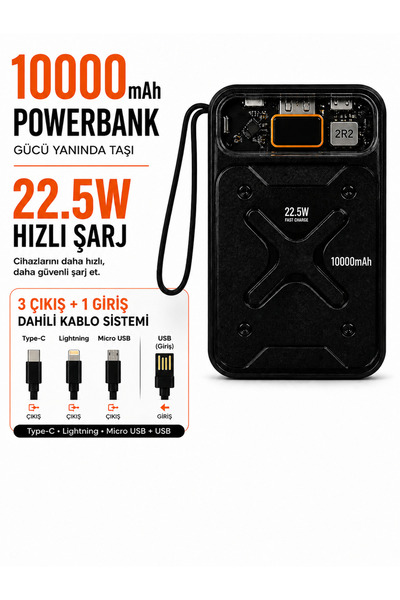xzemzer 10000mAh Dahili Kablolu 22.5W Hızlı Şarjlı Powerbank