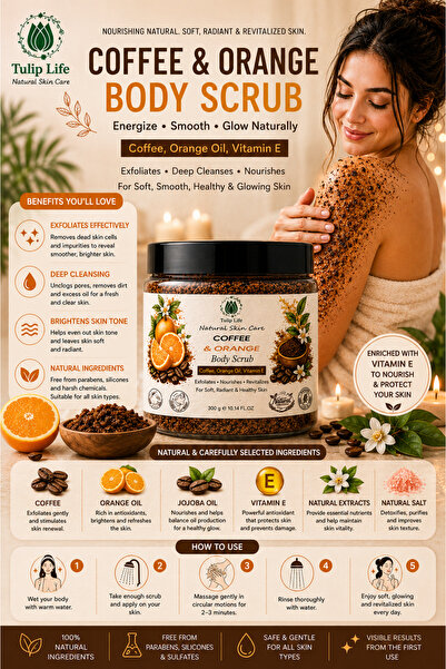 tulip life Coffee & Orange Vücut Peelingi 300 ml – Kahve, Portakal Yağı & Vit...