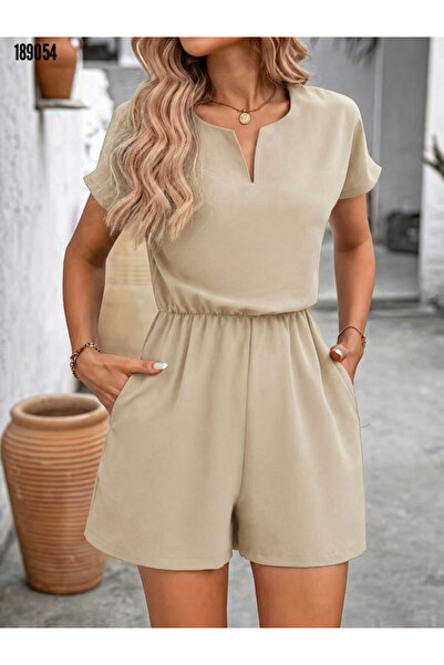 BZ Boutique Kısa Kollu V Yakalı Beli Lastikli Büyük Beden Kısa Şort Krep Tulu...