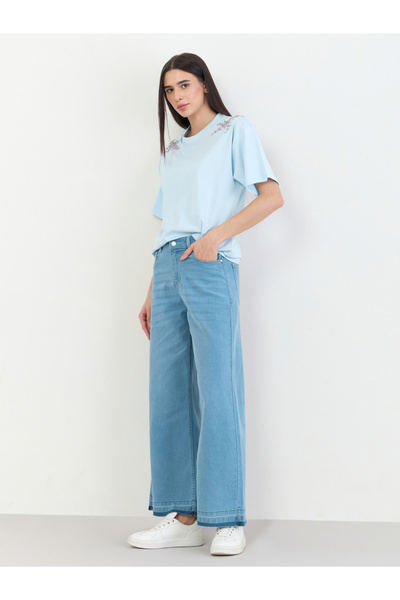 Styli Blue Oversized Shoulder Embroidered 100% Cotton T-Shirt