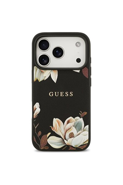 Guess Husă MagSafe cu logo cu flori texturate pentru iPhone 17 Pro Negru