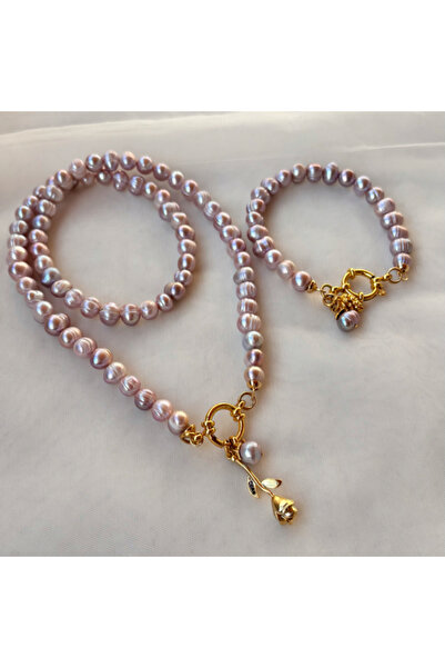 ZEZ PEARL JEWELRY Altın Uyumlu Lila İnci Set