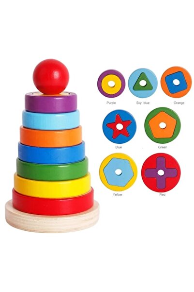 Stuniko ® Turn curcubeu din lemn 2-în-1, Piramidă Montessori, Forme geometric...