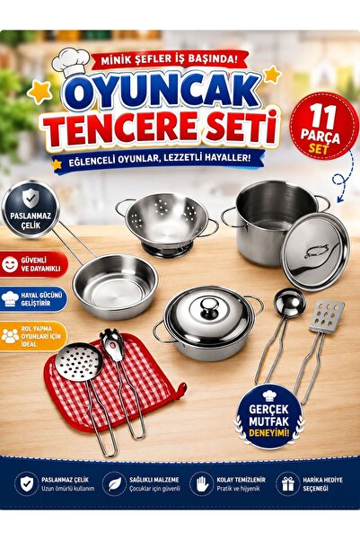 SAZE 11 Parça Paslanmaz Çelik Oyuncak Tencere Seti Çocuk Mutfak Oyun Seti Eği...
