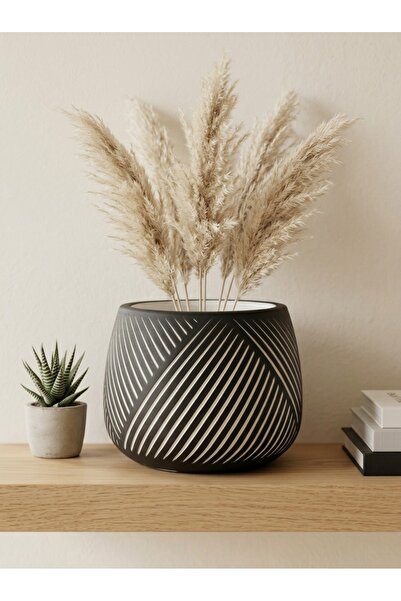 mora store Bohem İskandinav Çizgili Dekoratif Beton Saksı Siyah 12x13 cm | Mo...