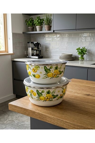 EmayeBurada Enamel Storage Container Set with Lid, 2 Pieces |   14-16 cm |   ...