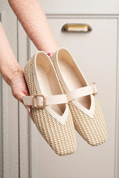 Hola Orthopedic Base Beige Detailed Wicker Handmade Flat Shoes