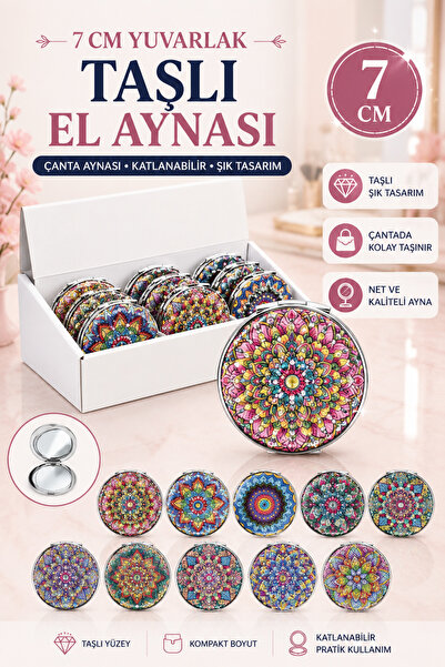 Tamsena Store 7 Cm Yuvarlak Taşlı Çanta Aynası Katlanabilir El Aynası Desenli...