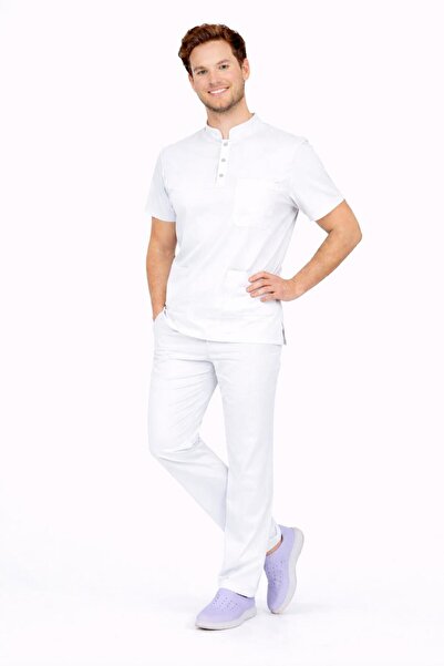 BAŞARAN UNİFORMA Likralı Beyaz Erkek Premium Scrubs