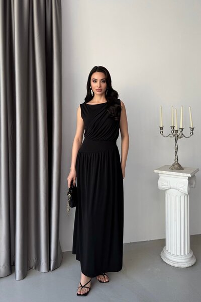 Serica Moda Siyah Bel Detaylı Drapeli Kolsuz Elbise