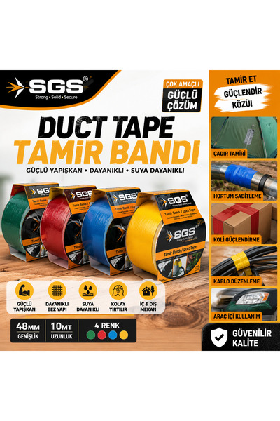 SGS Renkli Duct Tape Tamir Bandı 48 mm x 10 Metre Güçlü Yapışkanlı Bez Bant