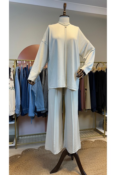 Velura Collection Kadın Ekru Salaş Kesim İkili Takım Rahat Kalıp Pantolonlu Takım