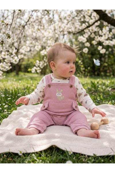 INFANT Set salopetă waffle roz cu iepuraș brodat și body Nafito